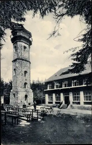 Ak Scheibenberg im Erzgebirge Sachsen, Königin Carola Turm mit Unterkunftshaus