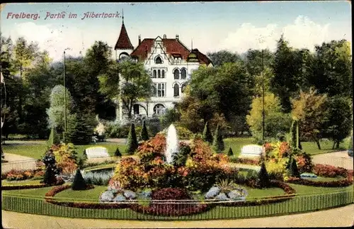 Ak Freiberg in Sachsen, Partie im Albertpark, Springbrunnen
