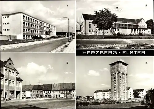 Ak Herzberg an der Elster, POS Juri Gagarin, Kulturhaus, Karl Marx Platz, Wasserturm, Sternwarte