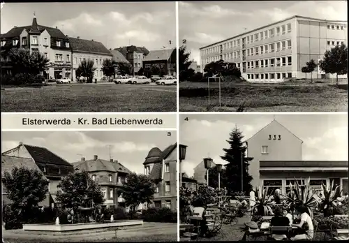 Ak Elsterwerda Brandenburg, Markt, Johannes Dieckmann Oberschule, Elsterbrunnen, Berliner Eispalast