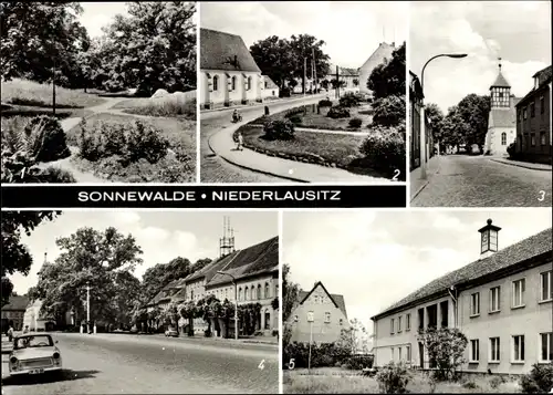 Ak Sonnewalde in der Niederlausitz, Schlosspark, Polytechnische Oberschule, Marktplatz