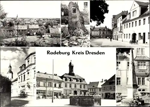 Ak Radeburg in Sachsen, Ratskeller, Postsäule, Denkmal, Straßenansicht