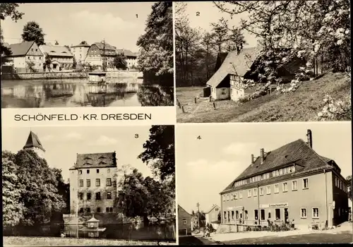Ak Schönfeld in Sachsen, Markt, Bockmühle, Schloss, Konsum Einkaufszentrum