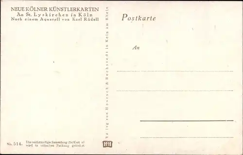 Künstler Ak Rüdell, Karl, Köln am Rhein, An St. Lyskirchen, Turm, Boote