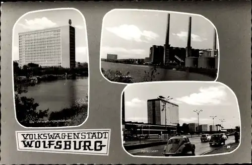 Ak Wolfsburg in Niedersachsen, VW Verwaltungsgebäude, Porschestraße, VW Werk