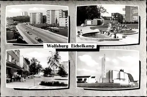 Ak Wolfsburg in Niedersachsen, Eichelkamp, Stadtansichten, Springbrunnen, Hochhäuser