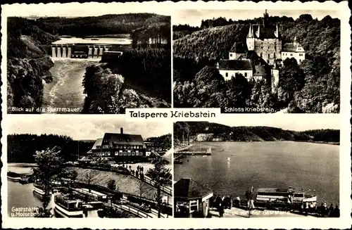 Ak Kriebstein in Mittelsachsen, Talsperre Kriebstein, Schloss, Sperrmauer, Gaststätte, Motorboote