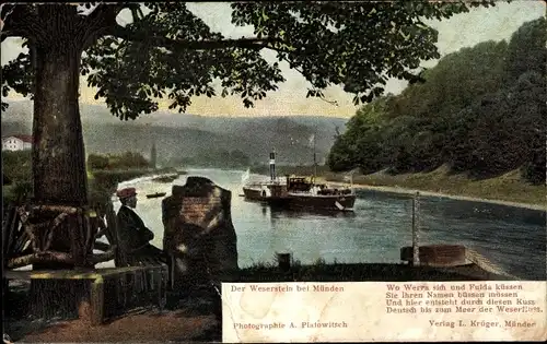 Ak Hann. Münden in Niedersachsen, Der Weserstein, Dampfer