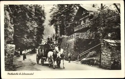 Ak Postkutsche im Schwarzatal, Holzhaus, Pferde, Straße