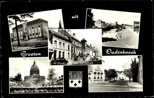 Ak Oudenbosch Nordbrabant, Velinggebouw, Haven, Station, Basiliek, Gemeentehuis, Markt