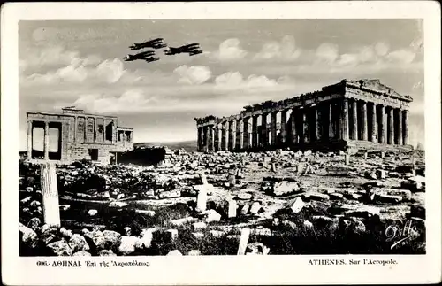 Ak Athen Griechenland, Sur l'Acropole, Doppeldecker im Flug
