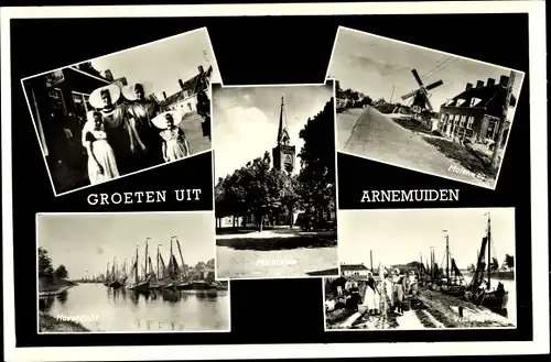 Ak Arnemuiden Zeeland, Kirche, Windmühle, Hafen, Frauen mit Kindern in Tracht