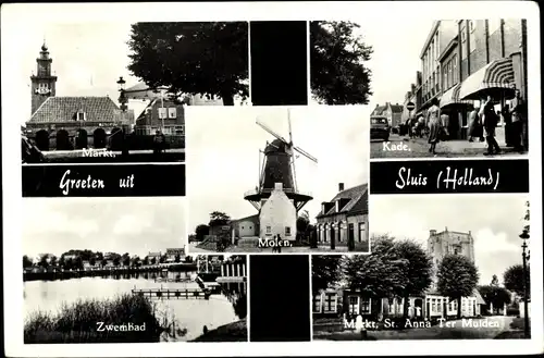Ak Sluis Zeeland Niederlande, Markt, Kade, Molen, Zwembad, St. Anna Ter Muiden, Windmühle