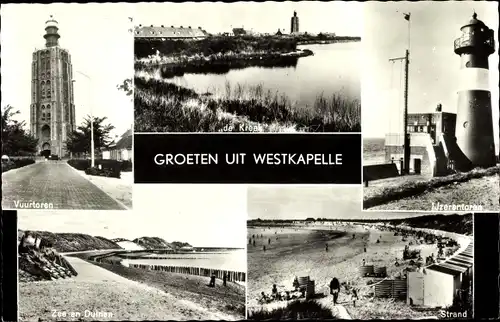 Ak Westkapelle Walcheren Zeeland, Vuurtoren, Ijzerentoren, Strand, Zee an Duinen