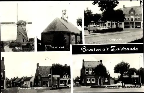 Ak Zuidzande Zeeland Niederlande, Molen, N. H. Kerk, Dorpsplein, Mariastraat, Gemeentehuis