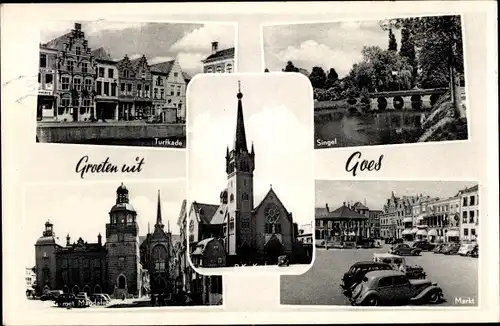 Ak Goes Zeeland Niederlande, Turfkade, Singel, Magdalenekerk, Markt