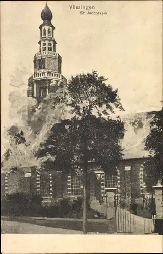 Ak Vlissingen Zeeland Niederlande, Brand van de St Jacobskerk met toren op 5 September 1911