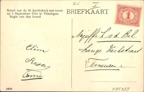 Ak Vlissingen Zeeland Niederlande, Brand van de St Jacobskerk met toren op 5 September 1911