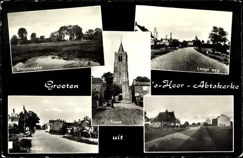 Ak 's Heer Abtskerke Zeeland, Lange weg, Toren, Dorpsstraat, Sinoutskerke