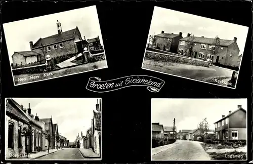 Ak Sirjansland Zeeland Niederlande, Ned. Herv. Kerk, Kerklaan, Lageweg, Dorpsstraat