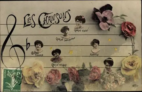 Ak Les Chansons, Chanson d'Amour, Chanson Sentimentale, Romance, Frauenportraits als Noten