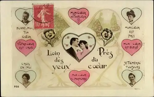 Ak Loin des yeux, Pres du coeur, Liebespaar, Herzen