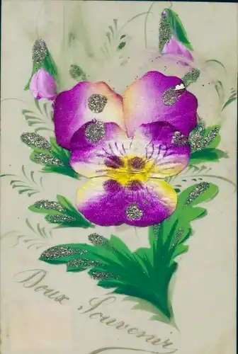 Zelluloid Glitzer Ak Souvenir, Stiefmütterchen, Kitsch