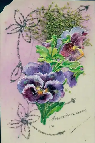 Zelluloid Glitzer Ak Anniversaire, Stiefmütterchen, Kitsch