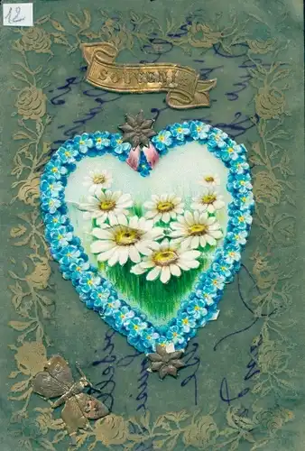 Zelluloid Ak Souvenir, Margeriten, Vergissmeinnicht