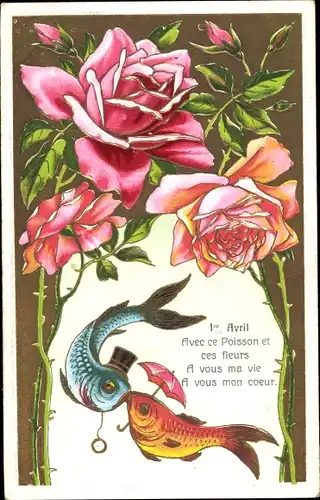 Präge Ak 1. April, Ier Avril, Vermenschlichte Fische, Rosen