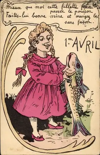 Ak 1. April, Ier Avril, Mädchen mit Fisch