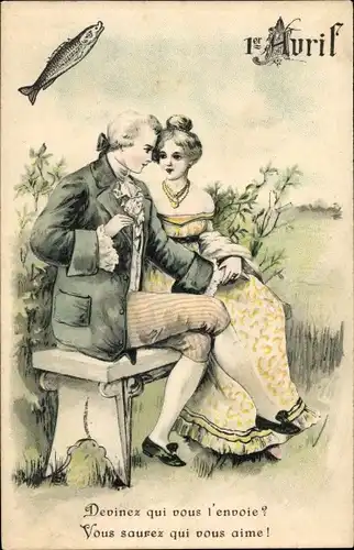Präge Ak 1. April, Ier Avril, Liebespaar auf einer Bank, Fisch