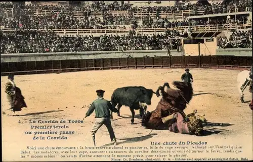 Ak Stierkampf, Corrida de Toros, Une chute du Picador