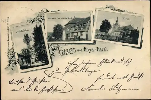 Ak Hayn im Harz Südharz, Josephshöhe, Gasthaus zum braunen Hirsch, Kirche