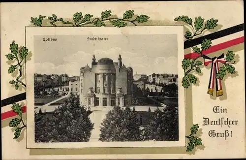 Passepartout Ak Cottbus in der Niederlausitz, Stadttheater, Deutscher Gruß