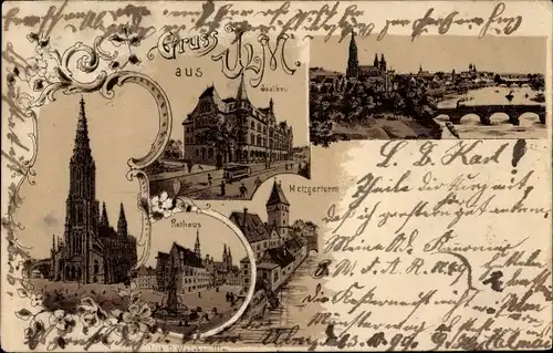 Litho Ulm an der Donau, Donaupartie, Metzgerturm, Rathaus, Saalbau