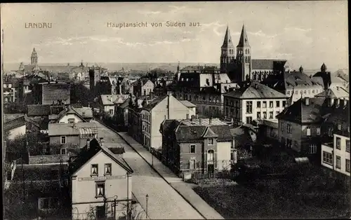 Ak Landau in der Pfalz, Hauptansicht von Süden aus, Straße, Kirche