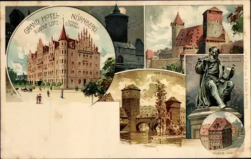 Litho Nürnberg in Mittelfranken Bayern, Grand Hotel, Henkersteg, Hans Sachs Monument, Dürerhaus