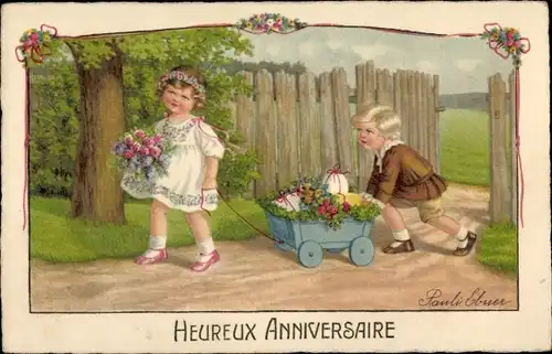 Künstler Ak Ebner, Pauli, Glückwunsch Geburtstag, Kinder mit Handkarren und Blumen