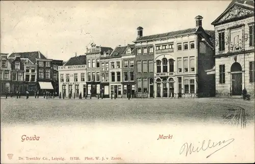 Ak Gouda Südholland Niederlande, Markt, Café Belvedere