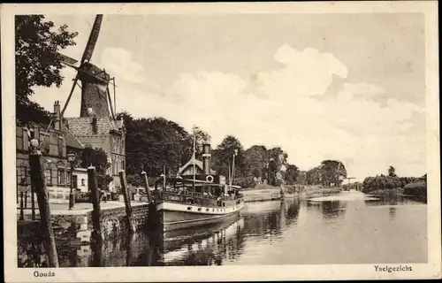 Ak Gouda Südholland Niederlande, Yselgezicht, Dampfer, Windmühle