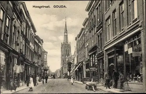 Ak Gouda Südholland Niederlande, Hoogstraat, Geschäfte