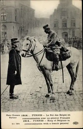 Ak Furnes, König Albert I. von Belgien, Französischer General, Pferd