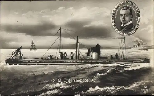 Ak Deutsches U Boot, Unterseeboot, SM U 9, Kapitänleutnant Otto Weddigen