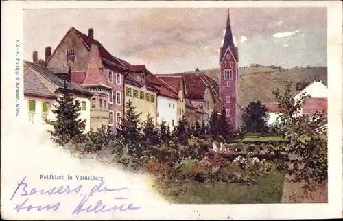 Künstler Ak Feldkirch Vorarlberg, Ortspartie, Turm, Garten