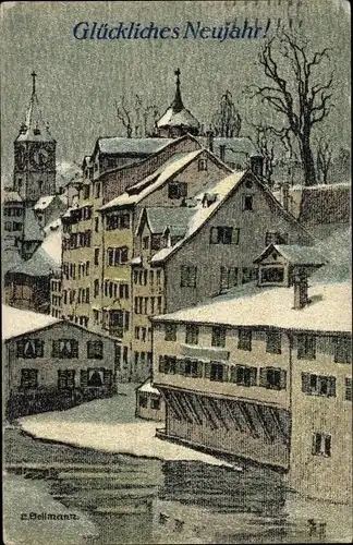 Künstler Ak Bollmann, E., Zürich Stadt Schweiz, Schipfe, St. Peter, Winteransicht, Neujahr