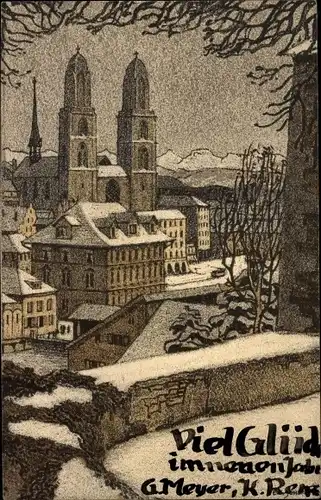 Künstler Ak Zürich Stadt Schweiz, Großmünster, Winter, Neujahr