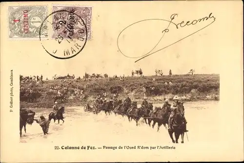 Ak Fès Fez Marokko, Colonne de Fez, Passage de l'Oued R'dom par l'Artillerie