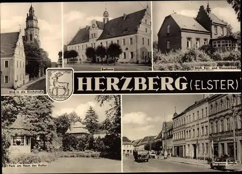 Ak Herzberg Elster, Kirchstraße, Rathaus, Haus der Kultur, Torgauer Straße, Städt. Kur- u. Wannenbad