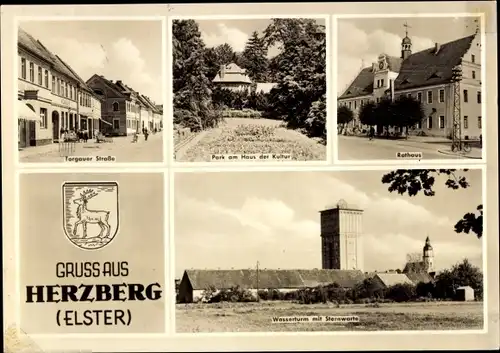 Ak Herzberg an der Elster, Torgauer Straße, Park am Haus der Kultur, Rathaus, Wasserturm, Sternwarte